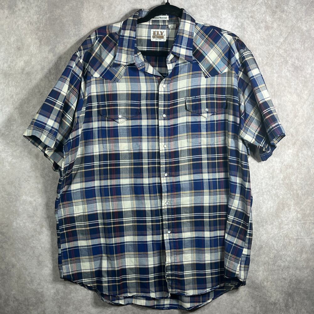 Ely Cattleman Western Shirt Mens XL‎ Blue Plaid Pearl Snap Wrinkle Resistant
